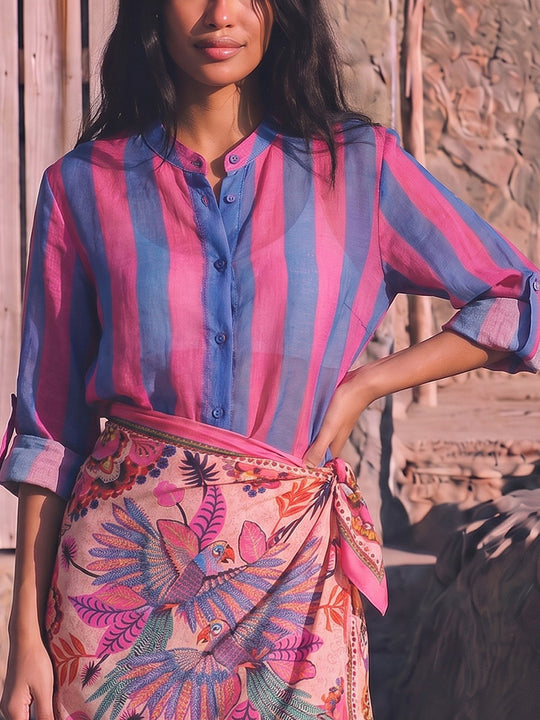 Camicia Eco - Fantasia Righe Azzurro Fucsia