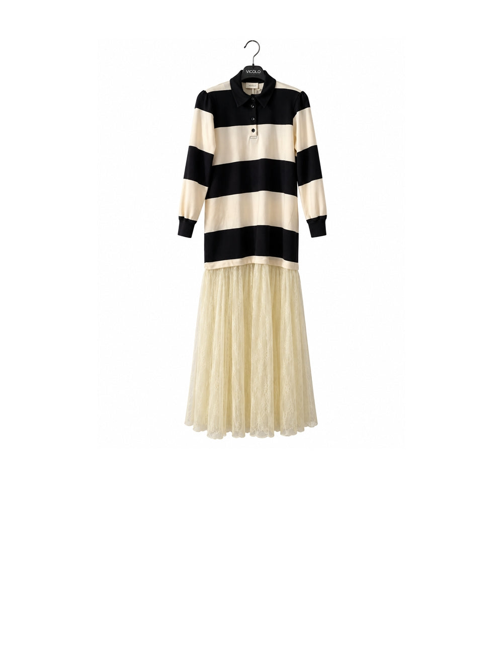 Striped and Lace Dress - Black and White — 1