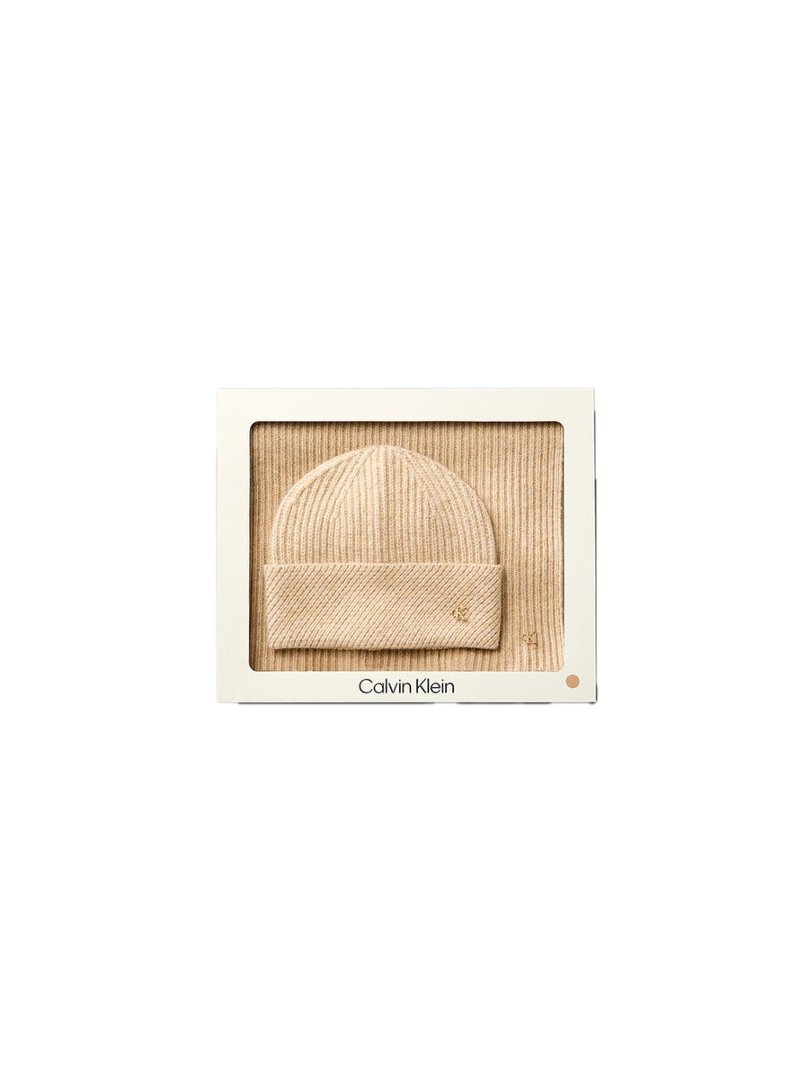 CK Metal Beanie + Scarf Gift Set - Beige Heather
