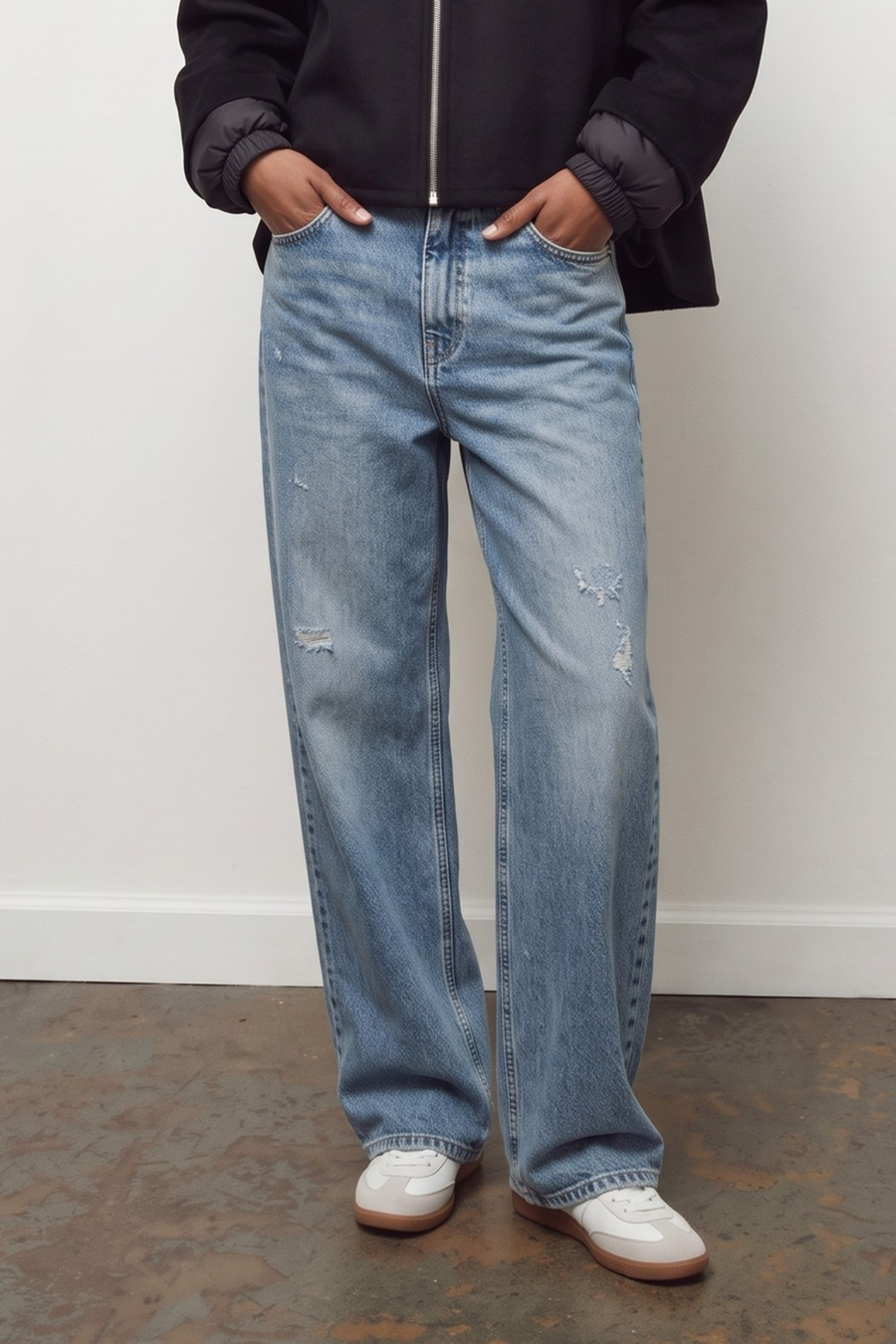 Louis Medium Blue Distressed and Abraded Trousers - Blue Denim