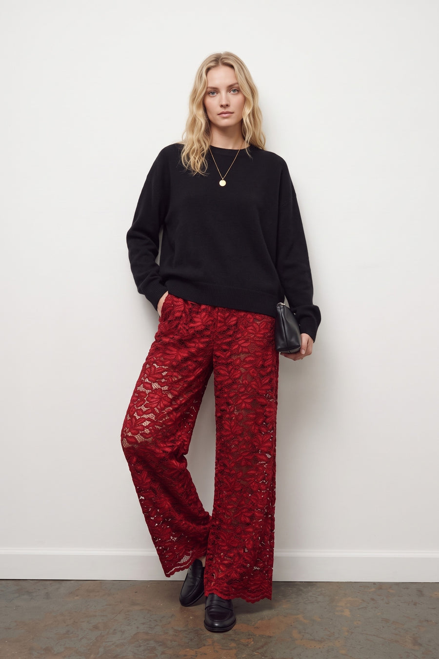 Lace Elastic Pants - Red