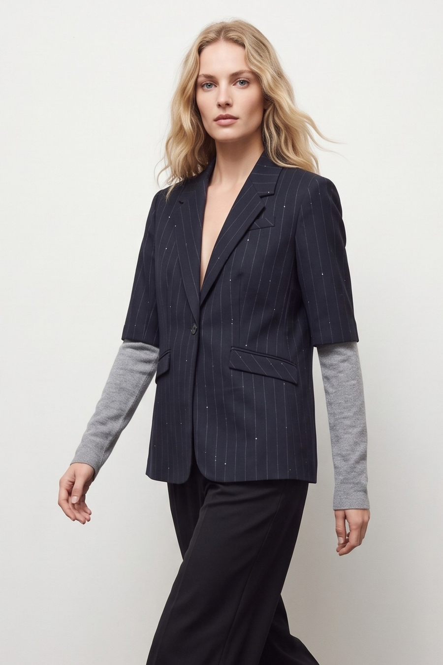 Blazer Gessato Con Manicotti - Blu