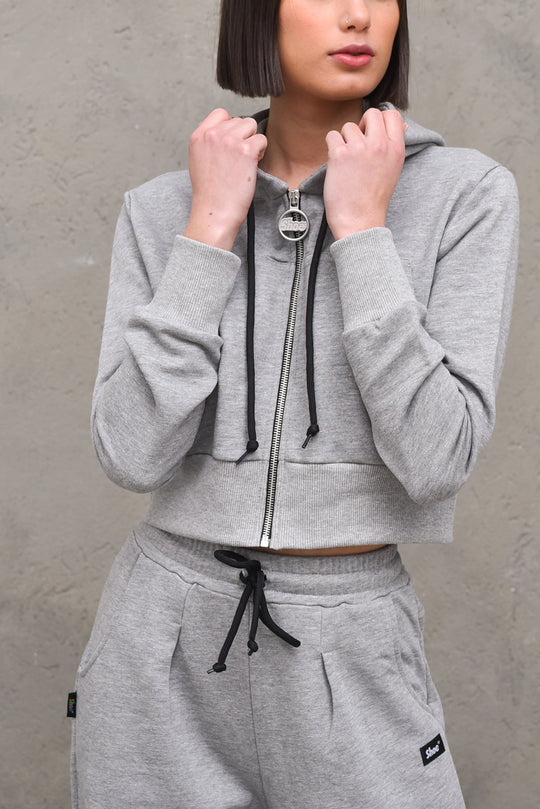 Basic Crop Zip Hooded Sweatshirt - Grey Heather
