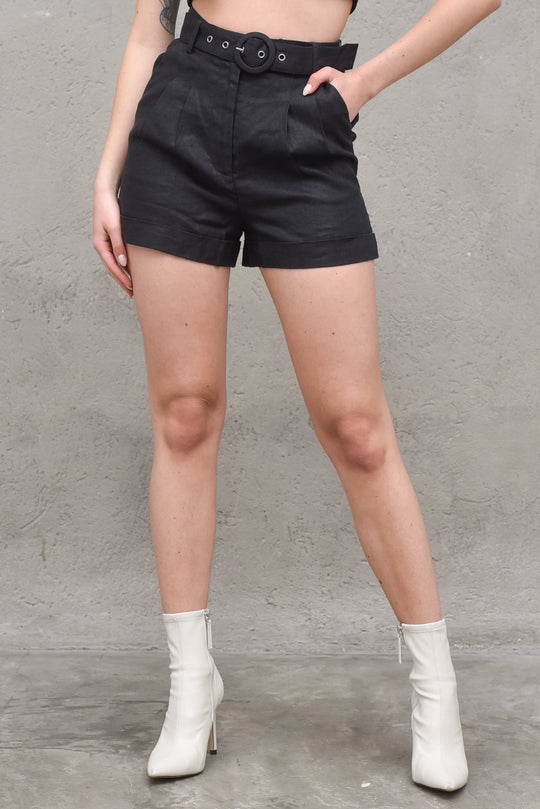 Highwaist Belted Linen Short - Black