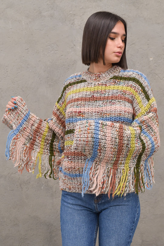 Maglia Righe Frange - Variante Beige