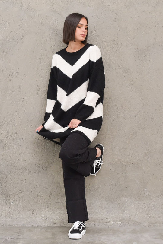 Maglia Over Intarsio - Nero/Ecru