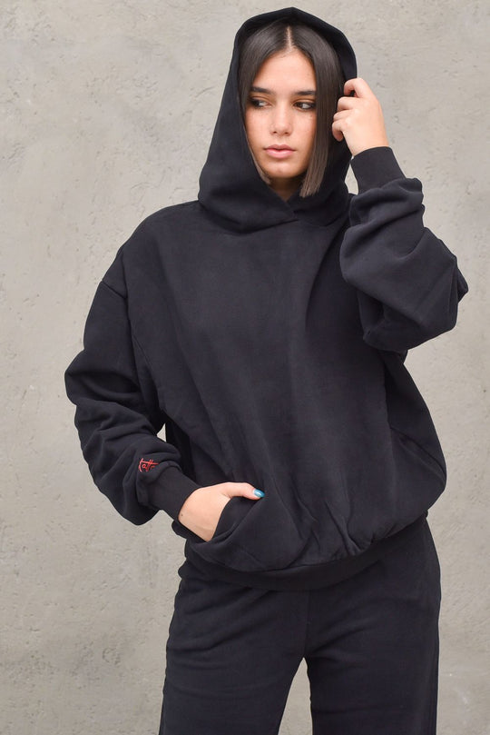 Felpa Cappuccio Tasche Donna - Black
