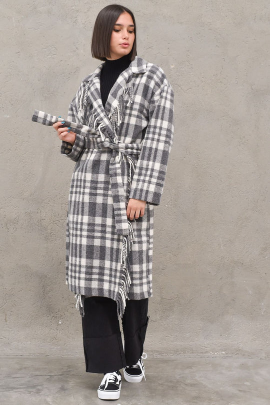 Cappotto Check Frange Donna - Panna/Grigio