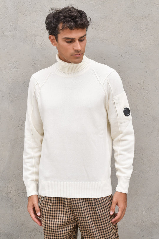 Felpa Lambswool Roll Neck Knit-Bianco