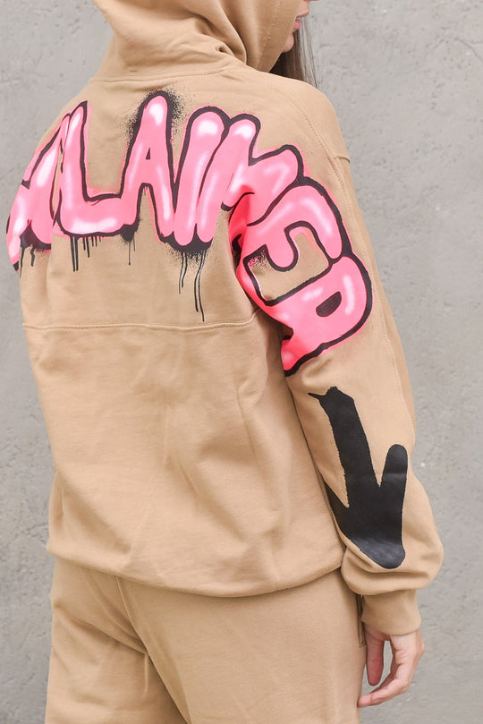 Maglia con Cappuccio Donna in Felpa - Brown/Stampa Fuxia Fluo