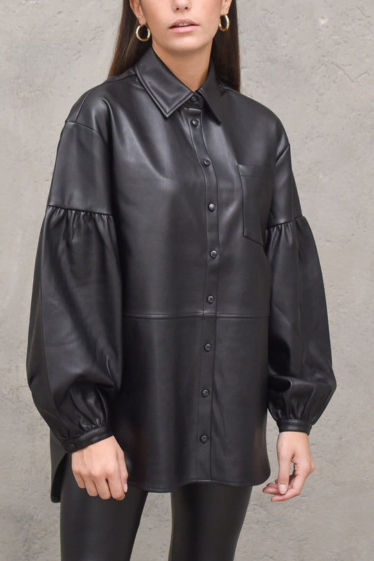 Oversized Puff Sleeve Pu Shirt - Black