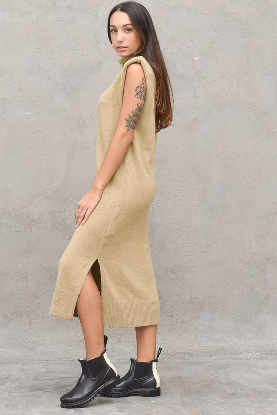 Padded High Neck Midi Dress - KHAKI