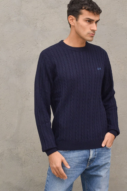 Pullover Round Neck Cable - Navy Blue
