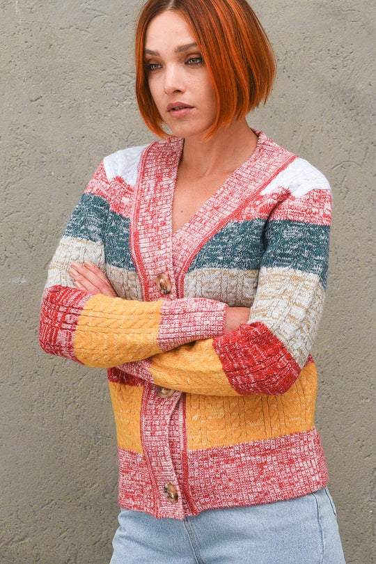 Ladies Cardigan - Dark Red Multi Melange
