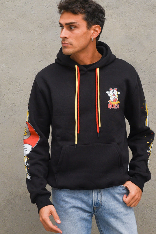 Felpa Cappuccio Stampa Gatto - Nero