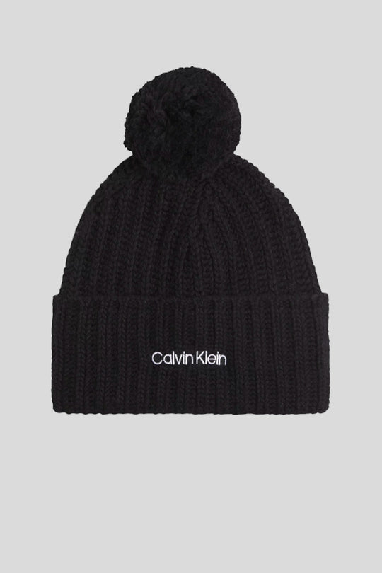 Cuffia Oversized Knit Beanie W/Pompom - Black