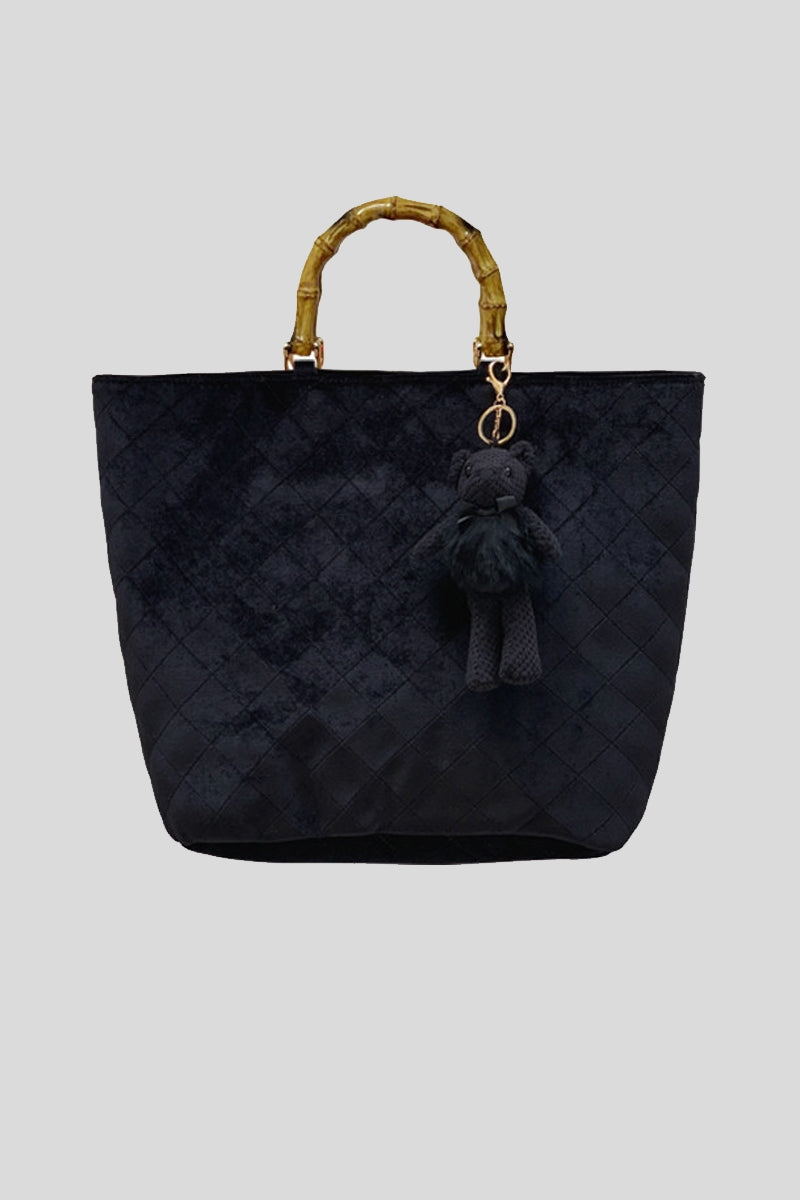 Mia Bag Shopping Velluto Con Manico Bamboo E Teddy Bear Nero