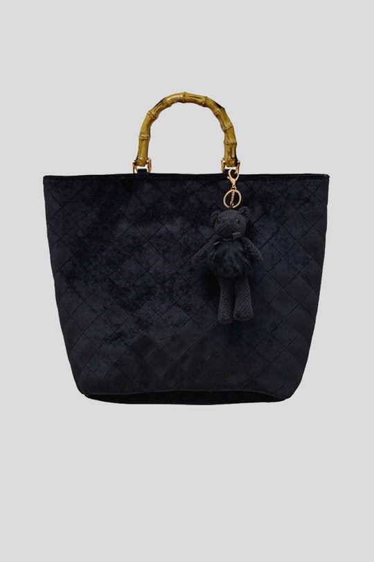 Shopping Velluto con Manico Bamboo e Teddy Bear - Nero