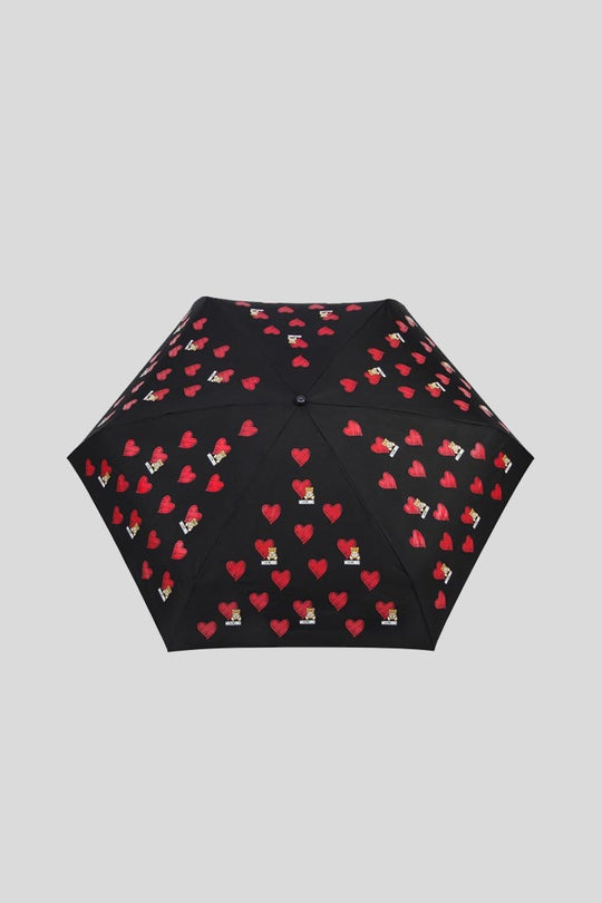 Ombrello Moschino "Hearts and Bears" Supermini con Pendente Teddy - Nero