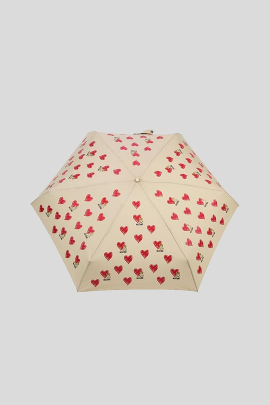 Ombrello Moschino "Hearts and Bears" supermini con Pendente Teddy - Beige
