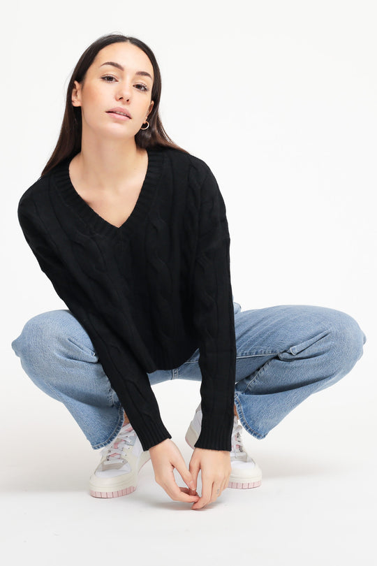 Pullover V Trecce - Nero