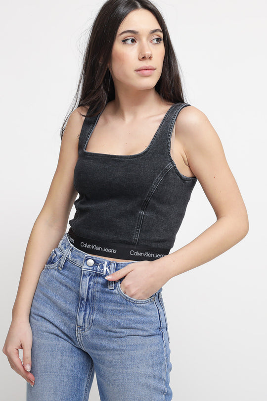 Squared Neck Seamed Bodycon Top - Black