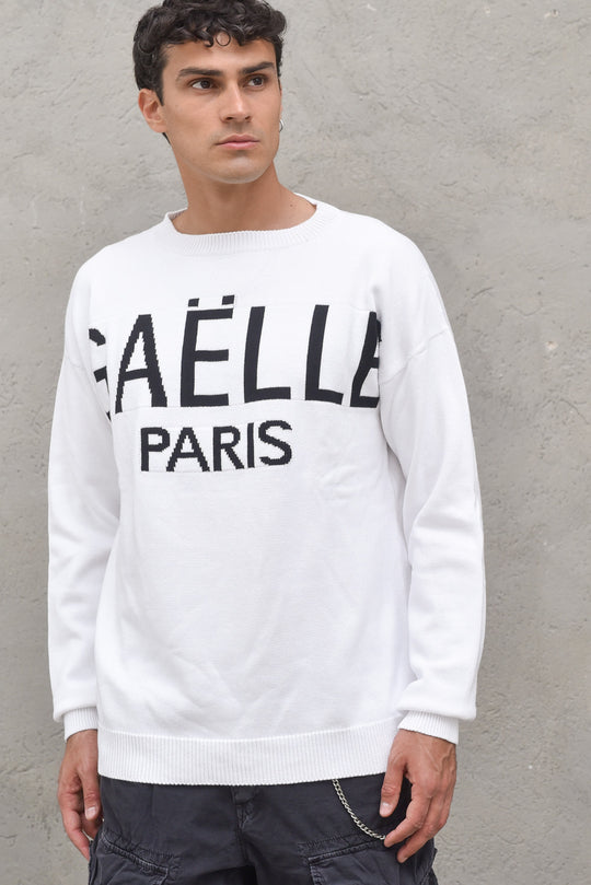 Pullover Paricollo Con Intarsio - Bianco