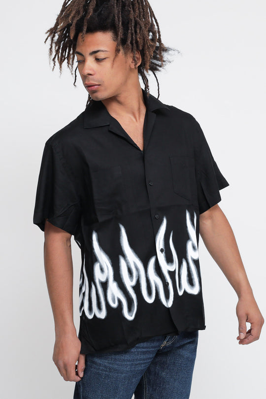 Shirt With White Spray Flames - Black