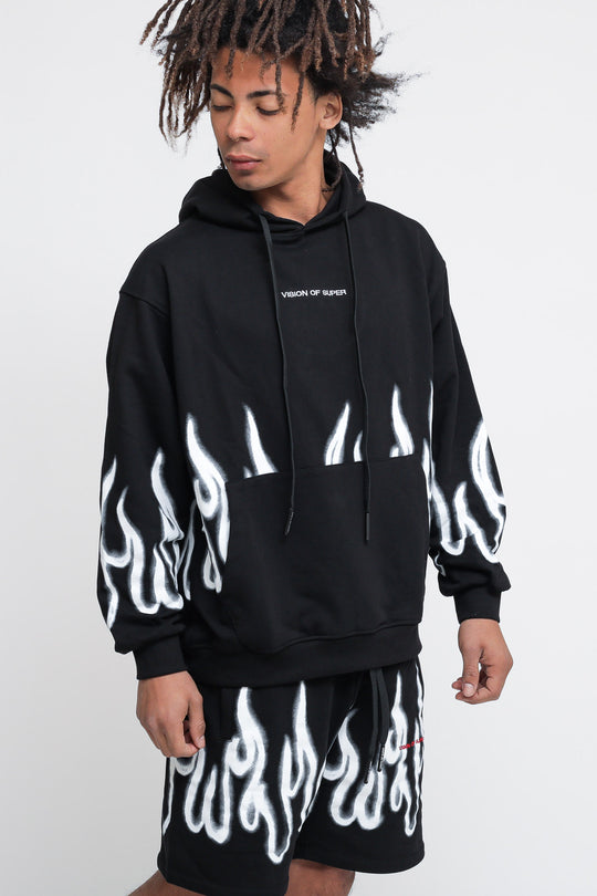 Hoodie With White Spray Flames - Black