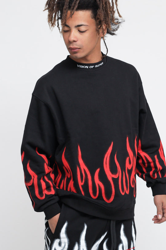 Crewneck With Red Spray Flames - Black