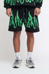 Shorts With Green Spray Flames - Black