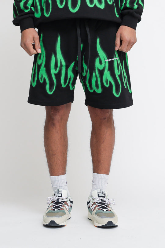 Shorts With Green Spray Flames - Black