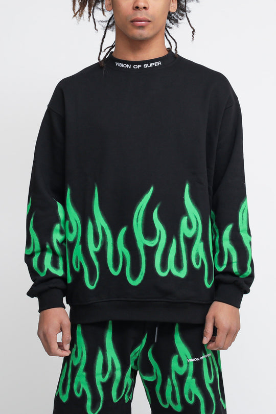 Crewneck With Green Spray Flames - Black