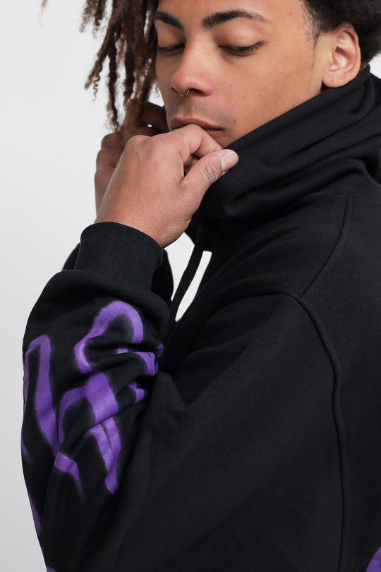 Black Hoodie With Purple Spray Flames - Black