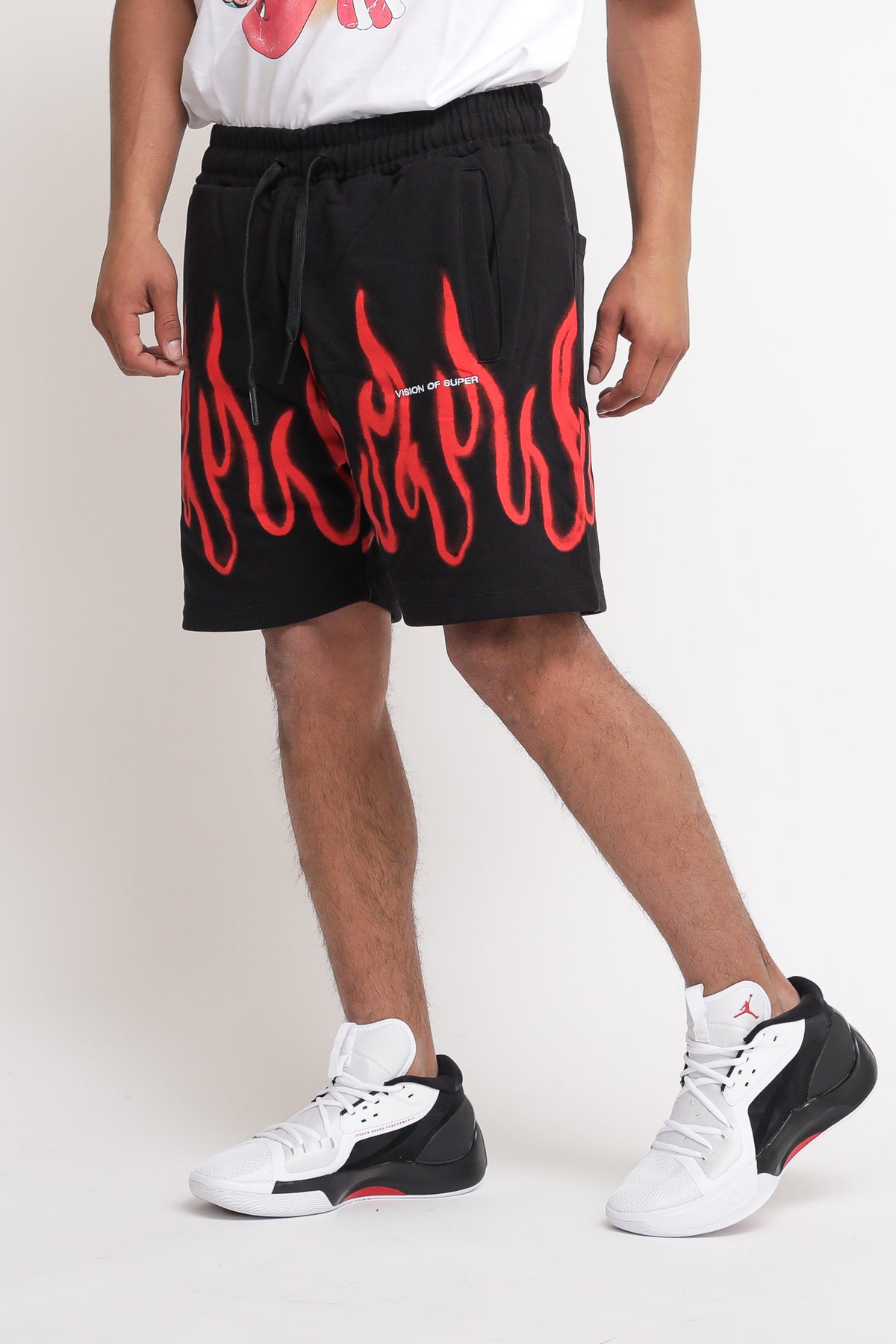 Printed And Embroidered Fleece Shorts - Black Red — 1