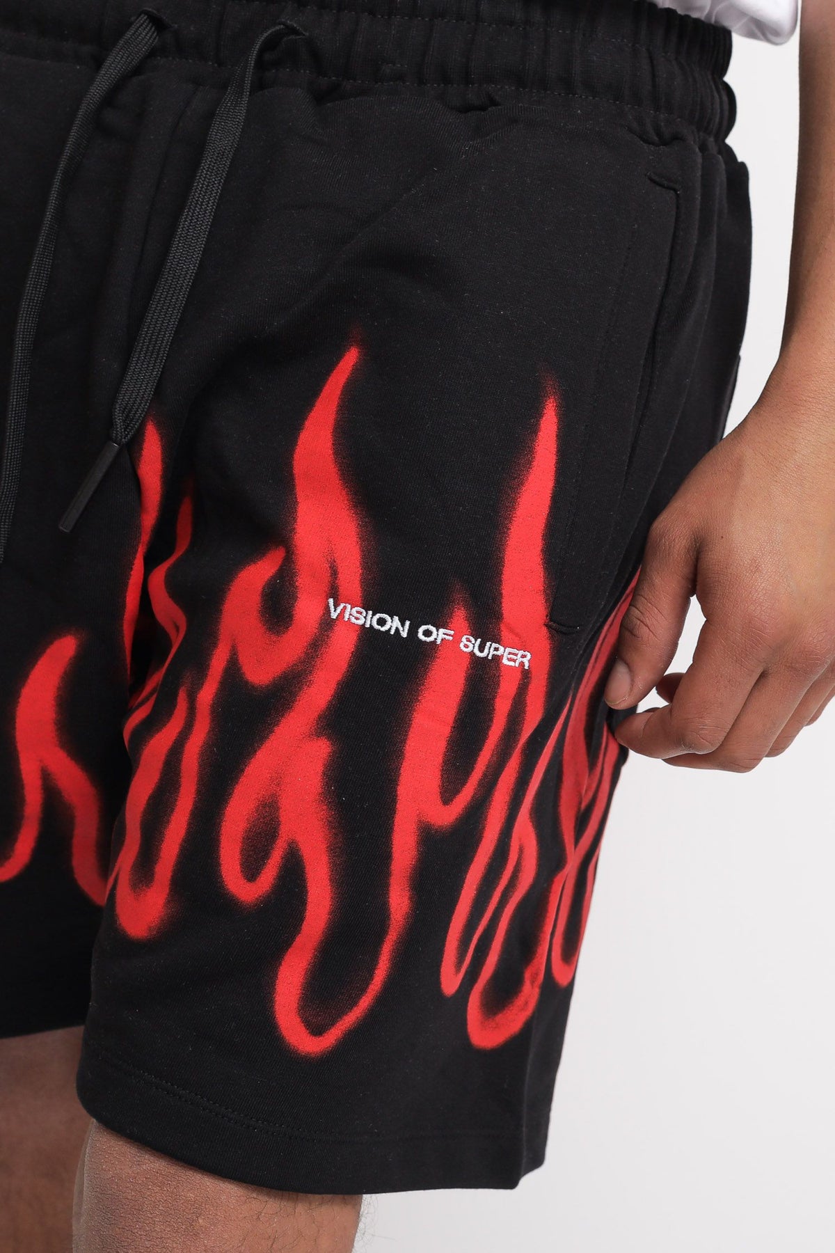 Printed And Embroidered Fleece Shorts - Black Red — 2