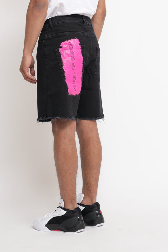 Black Denim Shorts With Fuxia Coating - Black Fuxia