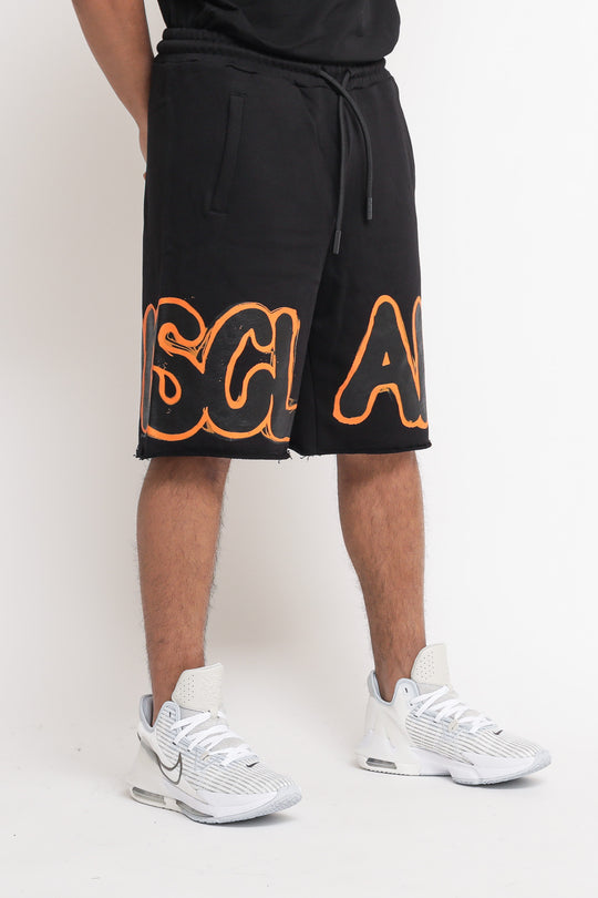 Bermuda Uomo In Felpa - Nero Stampa Nera E Arancione