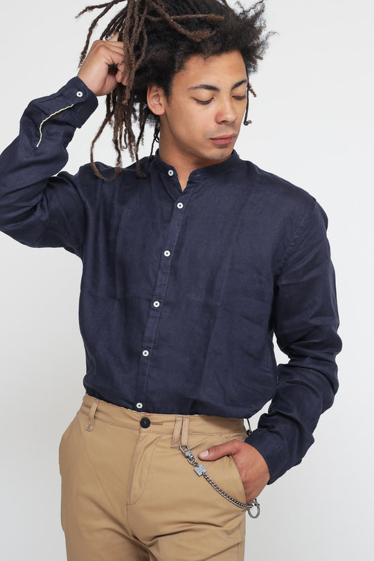Camicia Lino Coreana Basica - Blu Navy