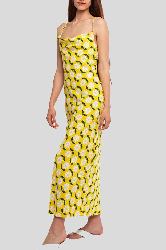 Ladies Dress - Yellow Linear Floral