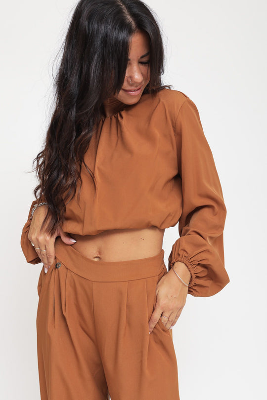 Blusa Spalline Arriccio Collo - Tabacco