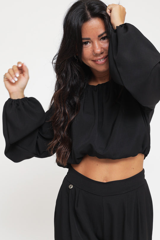 Blusa Spalline Arriccio Collo - Nero