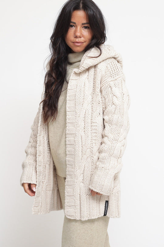 Cardigan Lungo Con Cappuccio - Bianco Burro
