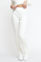 Ribbed Knit Flared Trousers - Butter White