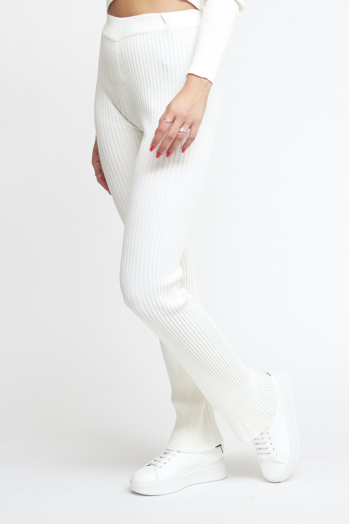 Ribbed Knit Flared Trousers - Butter White — 4