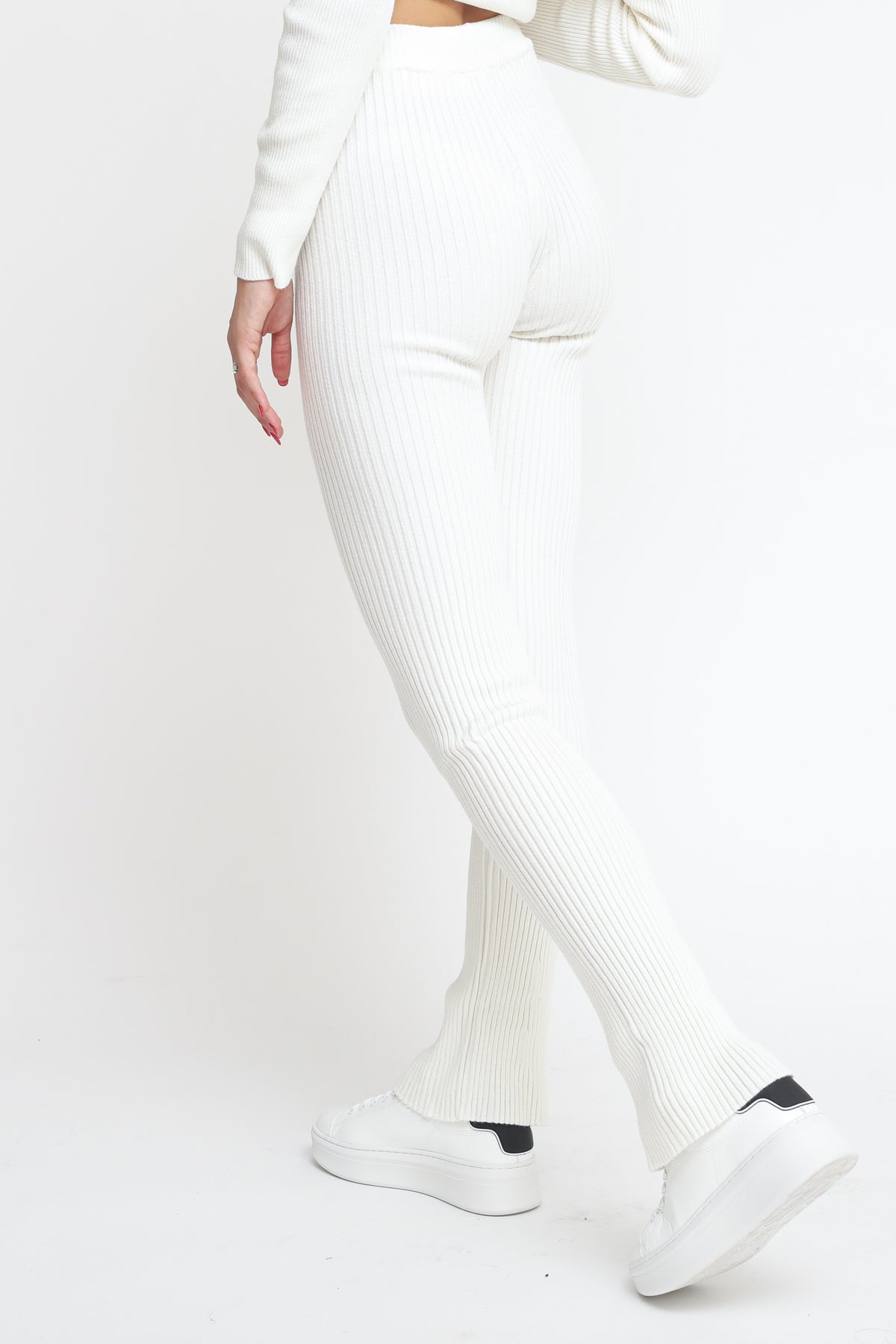 Ribbed Knit Flared Trousers - Butter White — 5