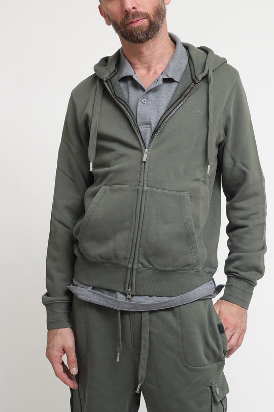 Hood Zip Garment Dye Cotton Fleece - Militare