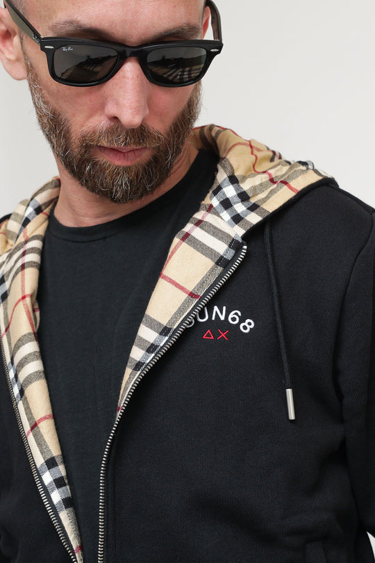 Hood Zip Shirt Fabric Cotton Fleece - Nero