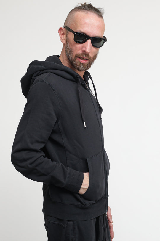 Hood Zip Garment Dye Cotton Fleece - Nero