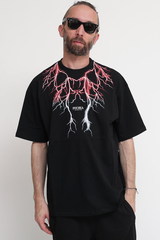 Black T-Shirt With Red And Grey Light On Front - Black